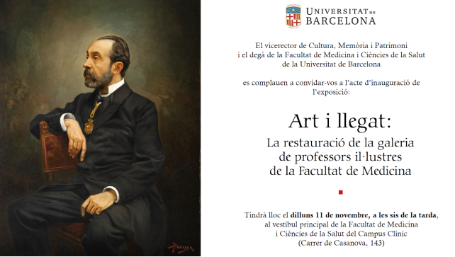 🤔Recordes els retrats de professors il·lustres de la Facultat de Medicina i Ciències de la Salut? 

T’ho expliquem tot el proper 📆11 de novembre a les ⏰18.00h a l’exposició 👥"Art i llegat: la restauració de la galeria de professors il·lustres" de la Facultat de Medicina.