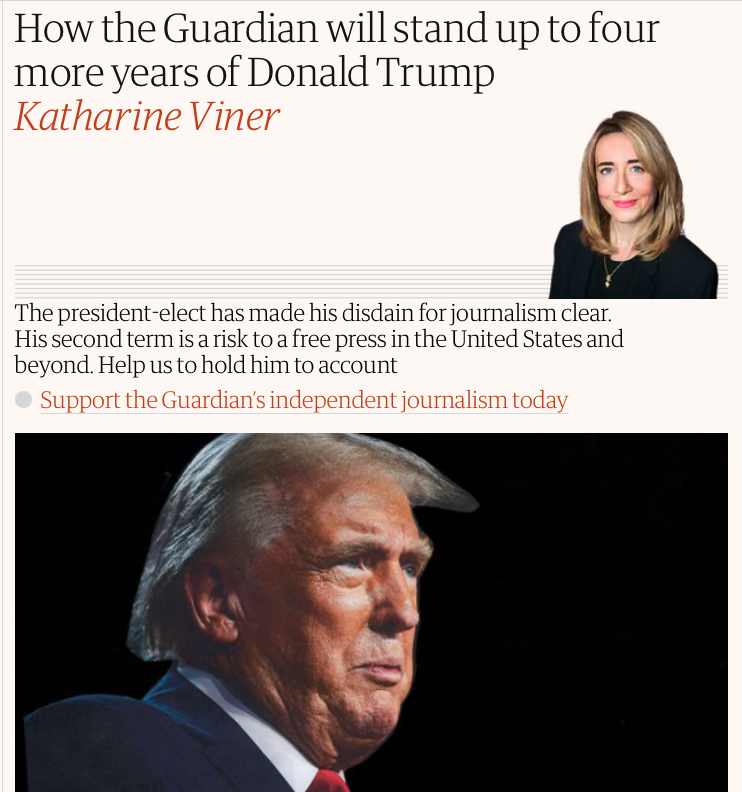 Jonathan_K_Cook's tweet photo. The Guardian’s editor, Kath Viner, lost no time in trying to cash in on her readers’ fears of a second Trump presidency. She quoted the paper’s media columnist, Margaret Sullivan, warning: “Trump poses a clear threat to journalists, to news organisations and to press freedom in the US and around the world.”

She noted that Kash Patel, who may be Trump’s choice for FBI director or attorney general, has threatened: “We’re going to come after people in the media.”

Viner herself added that the Guardian “will stand up to these threats, but it will take brave, well-funded independent journalism. It will take reporting that can’t be leaned upon by a billionaire owner terrified of retribution from a bully in the White House.”

Viner asked readers to dig deep and send more money to the Guardian’s already brim-full coffers to wage that fight on their behalf.

Except… every time the Guardian has been tested, every time it has needed to stand up for genuinely independent journalism and journalists, it has failed dismally – even before Trump’s return to the White House.

For more than a decade, the Guardian led the smearing of Wikileaks founder Julian Assange – the most high-profile and truly independent journalist of our era.

The US and UK went after him for exposing their war crimes in Iraq and Afghanistan. He was locked up in a high-security prison in London for years while the US sought his extradition on preposterous “espionage” charges. He faced a 175-year jail sentence.

The Guardian not only raised barely a peep against his years-long persecution, but it actively colluded in that persecution, as I have explained on several occasions.

Most notoriously of all, Viner’s paper recycled an utterly false story – presumably supplied to it by the British security services – smearing Assange as a Russian agent. Even though the story has been thoroughly discredited, the Guardian has never retracted it.

The failure to defend Assange wasn’t a one-off.

Precisely how brave was the Guardian in standing up to the UK’s security services when they came knocking at its door in 2013 after it published Edward Snowden’s revelations that we were all being illegally spied on by, or on behalf of, the NSA? Did the paper use its huge funds to fight the intelligence agencies and protect the public’s right to know how their governments were breaking the law?

No, the Guardian agreed to destroy the hard drives containing Snowden’s leaks with angle grinders, watched by UK intelligence officials.

But worse than that, the Guardian then proved to the security agencies that it had turned over a new leaf. It would not go rogue again by airing the dirty secrets of the British state and its Washington patron.

As Declassified UK has documented at length, the paper jumped into bed with Britain’s security services, agreeing for the first time to become a member of the Ministry of Defence’s so-called D-Notice Committee, overseeing reporting restrictions. It didn't fight for independent journalism. It became a member of the club that enforces secrecy on journalists.

It was rewarded with world-exclusive scoops: a series of interviews with the heads of Britain’s secret services, puffing up their repressive security agenda. The Guardian had become a fully tamed stenographer to power.

The consequences of the paper’s collusion with the UK security state has been on show in the last few months as Keir Starmer’s government has waged war on independent journalists trying to draw attention to British complicity in Israel’s genocide.

In as many months, three journalists – Richard Medhurst, Sarah Wilkinson and Asa Winstanley – have been raided by counter-terrorism police, and are being investigated under Britain’s draconian Terrorism Act for “encouraging terrorism” by criticising Israel.

You might imagine from Viner’s pleas to readers to help her challenge the threat of state repression that the Guardian has been leading the defence of journalists targeted by the British state for intimidation.

Not a bit. The paper has not written a word about any of these recent attacks on independent journalists, attacks taking place on the Guardian’s doorstep.

Viner wants you to believe she and her paper will act as torch-bearers for honest, adversarial journalism abroad, when she has consistently shown zero courage in defending independent journalism at home.

This is an extract from my latest article. The rest, with supporting links, can be read here:  https://t.co/Xg6kuZnZ9y