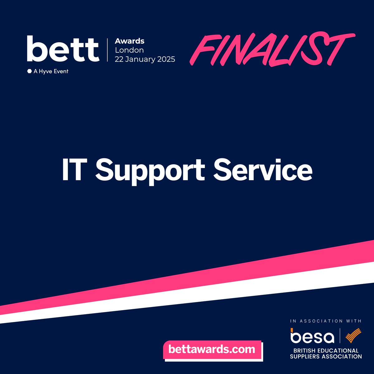 We’re pleased to be finalists in the IT Support Service category for the third consecutive year, following wins in 2023 and 2024. <a href="/BettAwards/">Bett Awards</a> <a href="/Bett_show/">Bett Global</a>

A big thank you to our #team and #customers.  Here’s to keeping up the hard work and pushing forward.