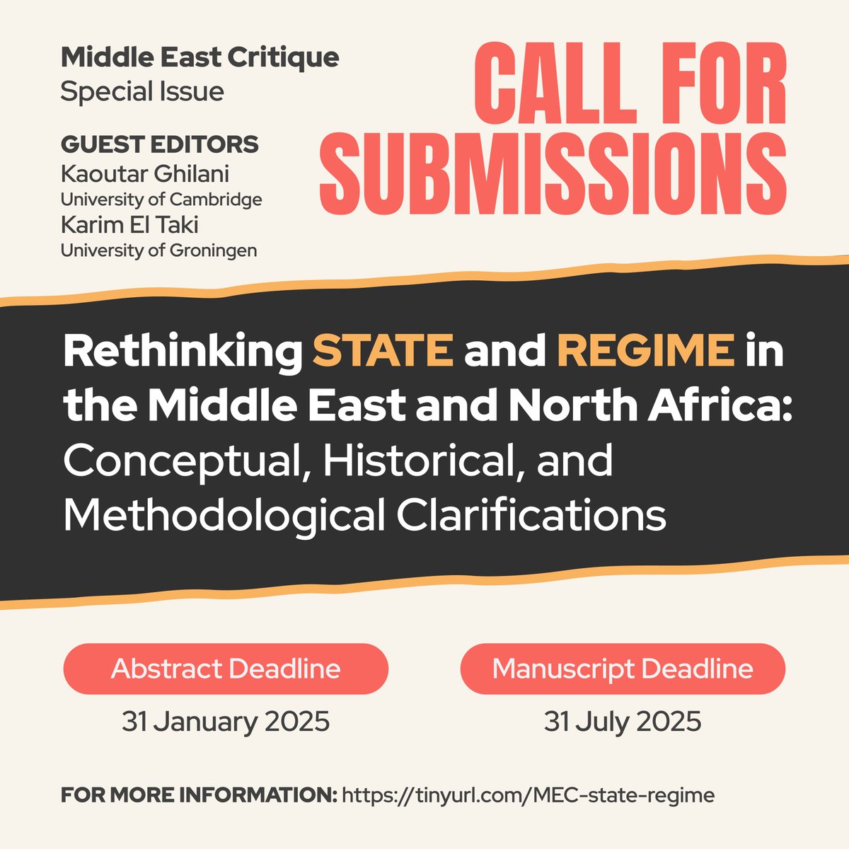Karim El Taki (@karimeltaki) on Twitter photo 📢 CALL FOR SUBMISSIONS
Together with <a href="/KaoutarGhi/">Kaoutar Ghilani</a>, we are curating a special issue for <a href="/MidEastCritique/">Middle East Critique</a> that seeks to address a fundamental challenge in Middle Eastern and North African politics scholarship: the persistent conceptual confusion surrounding ‘state’ and ‘regime.’ 📢 CALL FOR SUBMISSIONS
Together with <a href="/KaoutarGhi/">Kaoutar Ghilani</a>, we are curating a special issue for <a href="/MidEastCritique/">Middle East Critique</a> that seeks to address a fundamental challenge in Middle Eastern and North African politics scholarship: the persistent conceptual confusion surrounding ‘state’ and ‘regime.’