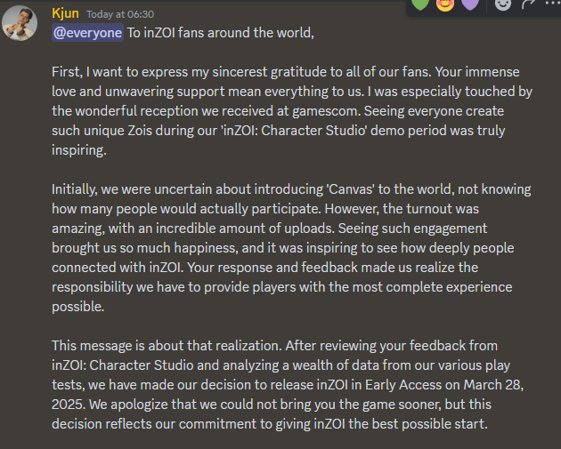 Kjun - the head of KRAFTON, developer of
#InZOI -
has made a special announcement - InZOI will be getting an early access release on the 28th March, 2025. #GamingNews