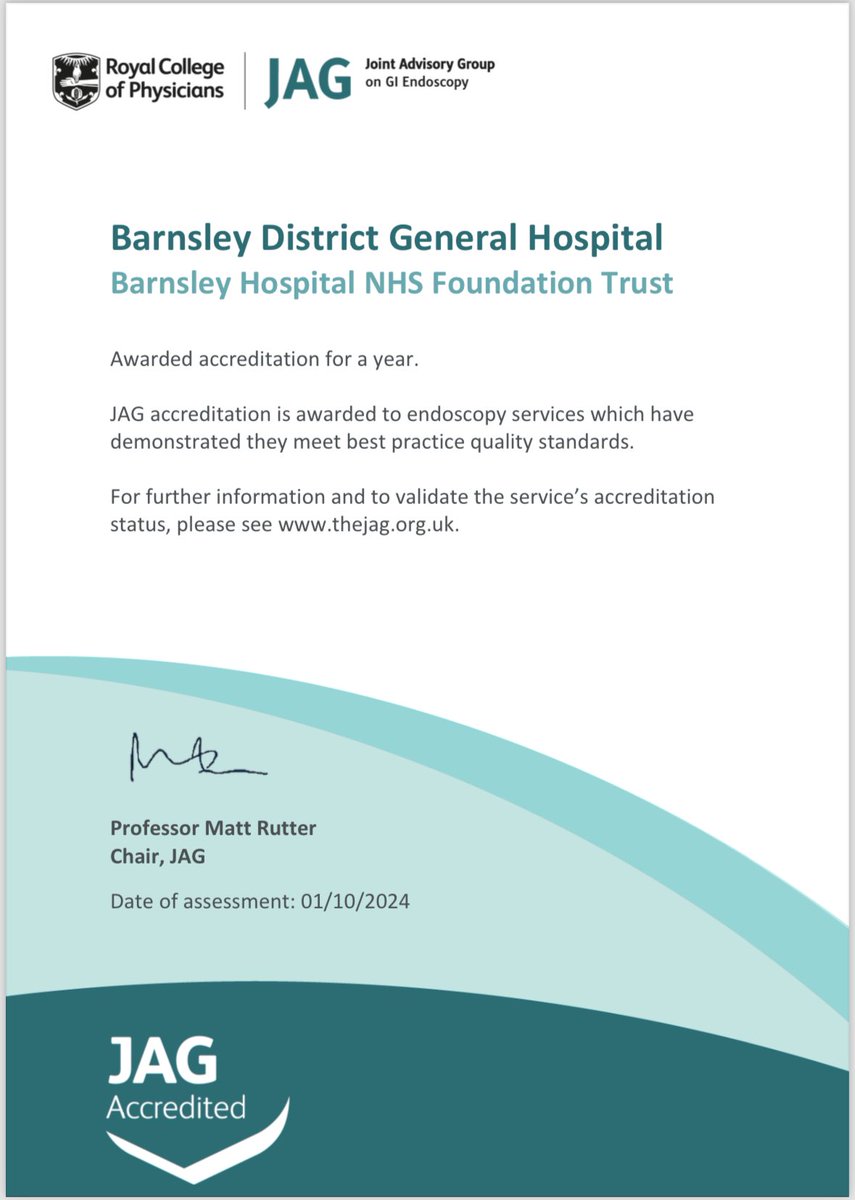 Congratulations for maintaining accreditation.
Thank you for the hard work by all the staff in the endoscopy department.
<a href="/barnshospital/">Barnsley Hospital</a> <a href="/CBU1_BHNFT/">CBU1_BHNFT</a> <a href="/enright_simon/">Simon Enright</a> <a href="/craig_19p/">Craig Prince</a> <a href="/Cathylovesjazz/">Cathy Rawson</a> <a href="/joanne_et/">Joanne Thornton</a> <a href="/BethanJPotter/">Bethan</a> <a href="/DarnbroughKerry/">kerry darnbrough</a> <a href="/JAG_Endoscopy/">JAG Endoscopy</a> <a href="/ThoufeeqMo/">Mo Thoufeeq</a> <a href="/RothBarnsNHSCEO/">Richard Jenkins</a>