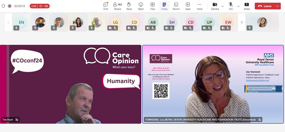 CareOpinionScot's tweet photo. Some engaging conversations underway between @TimHunt59 &amp; guest speaker @LisatPatexp  @RduhPatientExp @RoyalDevonNHS! 
Lisa discusses the importance of early resolution as well as detailing how useful Care Opinion is for staff in demonstrating engagement with patients⭐️#COconf24 https://t.co/LbrewFTF5V