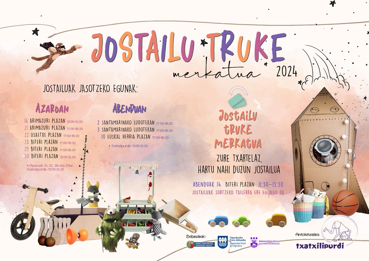 [JOSTAILU TRUKE MERKATUA]

📣Badator jostailu truke merkatua!!!🎲🥁🧩🎳
Eman bigarren aukera bat erabiltzen ez dituzun jostailuei eta trukatu beste batzuengatik.🎟️📥

ℹ️ Informazio gehiago👇
txatxilipurdi.eus/jostailu-truke…