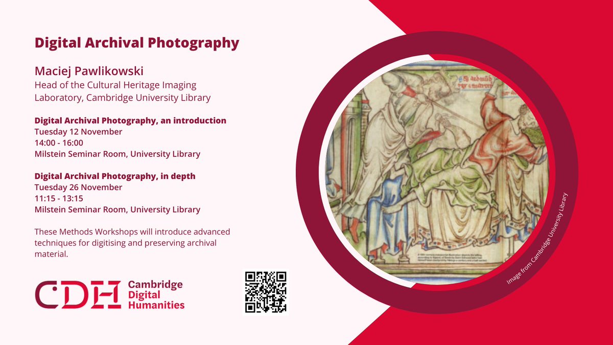 Cambridge Digital Humanities (@camdighum) on Twitter photo Looking for a straightforward introduction to advanced techniques for digitising and preserving archival material?
Join our Digital Archival Photography workshops, convened by <a href="/mmpawlikowski/">Maciej M Pawlikowski</a>, Head of the Cultural Heritage Imaging Laboratory <a href="/theUL/">Cambridge University Library</a>
Book: buff.ly/3AxE36U Looking for a straightforward introduction to advanced techniques for digitising and preserving archival material?
Join our Digital Archival Photography workshops, convened by <a href="/mmpawlikowski/">Maciej M Pawlikowski</a>, Head of the Cultural Heritage Imaging Laboratory <a href="/theUL/">Cambridge University Library</a>
Book: buff.ly/3AxE36U