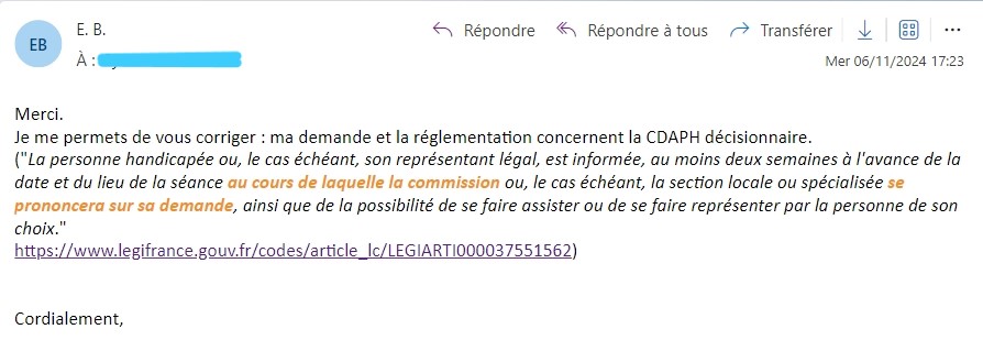 Etre handicapé à #Lyon, c'est devoir rappeler qu'il est illégal de refuser que j'assiste à la CDAPH décisionnaire (la commission qui prend les décisions à la MDPH).
Mais dans le <a href="/rhone_fr/">Département du Rhône</a> comme au <a href="/grandlyon/">Métropole de Lyon</a> , on s'en tamponne le cucu de ce qui est légal ou pas.