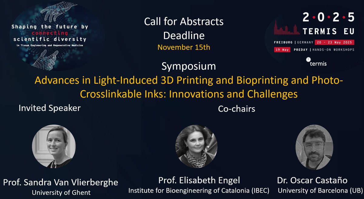Oscar @oscar_castano@mstdn.social (@oscar_castano) on Twitter photo Deadline approaching. #TERMIS2025 #TissueEngineering #3Dprinting #bioprinting Light-Induced 3D Printing & Bioprinting for the 2025 TERMIS EU Symposium🌍✨ Deadline: November 15th. Don’t miss this chance. Looking forward to seeing you in Freiburg!
@TermisEU2025
<a href="/Engel_BRT_Lab/">Biomaterials For Regenerative Therapies</a> Deadline approaching. #TERMIS2025 #TissueEngineering #3Dprinting #bioprinting Light-Induced 3D Printing & Bioprinting for the 2025 TERMIS EU Symposium🌍✨ Deadline: November 15th. Don’t miss this chance. Looking forward to seeing you in Freiburg!
@TermisEU2025
<a href="/Engel_BRT_Lab/">Biomaterials For Regenerative Therapies</a>