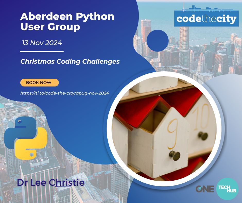 On Wednesday, join us for an early festive edition of APUG.  We're getting into the holiday spirit early with unique Christmas-themed coding challenges inspired by the popular Advent of Code.

Book now: buff.ly/48J6YBp  
#Aberdeen #Python #AdventOfCode