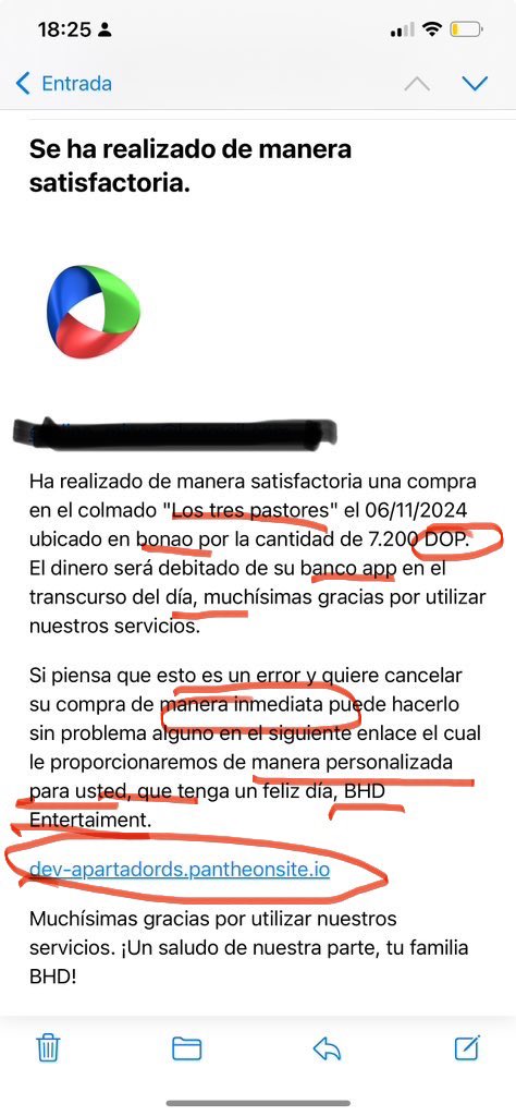 JossieMealegro's tweet photo. Red flags de un phishing e-mail:

Faltas ortográficas: uso incorrecto de mayúsculas, falta de signos de puntuación. 

Uso incorrecto del símbolo de pesos. En RD se usa RD$ no DOP.

El término banco app.

Urgencia en el correo.

Falsa sensación de seguridad hablando de personalización. 

Nombre incorrecto del banco “BHD Entertaiment” 

Enlace a una dirección falsa y no segura.