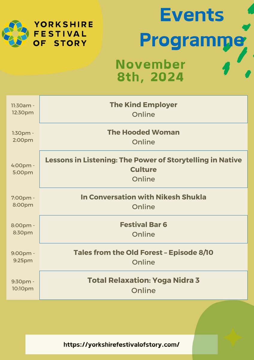 Tomorrow, join us for a variety of fantastic events at #YFOS24 😁. Explore Cree &amp; Mohawk histories through ancient tales,  and hear from author Nikesh Shukla on representation, activism, and the power of storytelling in shaping change.🌟👇
yorkshirefestivalofstory.com/programme