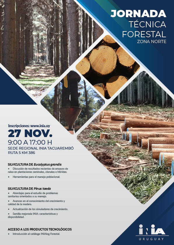 INIA_UY's tweet image. INIA invita a la Jornada Técnica Forestal Zona Norte

📅 27/11 | ⏰ 9 a 17 hs | 📍 INIA Tacuarembó

Actualización en #Silvicultura de #Eucalyptus grandis y #Pinus taeda, y presentación de #INIAlog Forestal.

Inscripciones: forms.office.com/r/kXeeahHUfx

#INIAUruguay #JornadaForestal