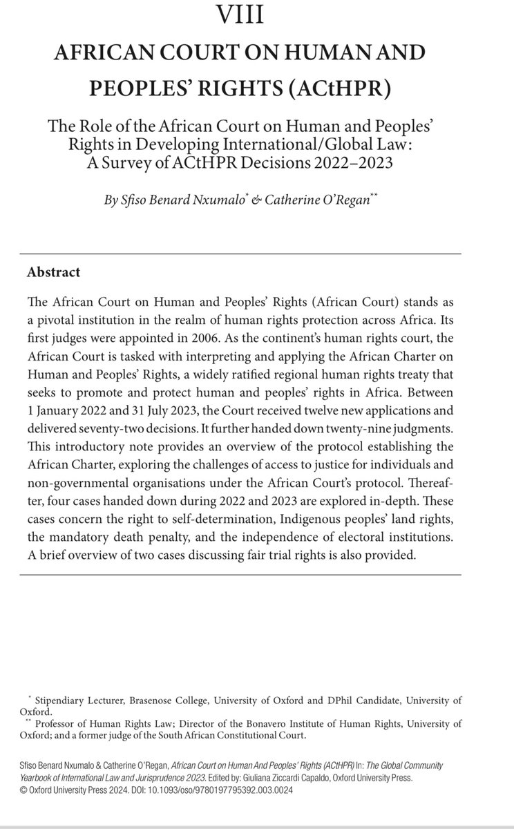 Delighted to have co-authored a book chapter with Justice Kate O’Regan (<a href="/BonaveroIHR/">Bonavero Institute of Human Rights</a> ) analysing the jurisprudence of the African Court to the Global Community Yearbook of International Law and Jurisprudence. 

It can be accessed here: lnkd.in/d2suh2qW