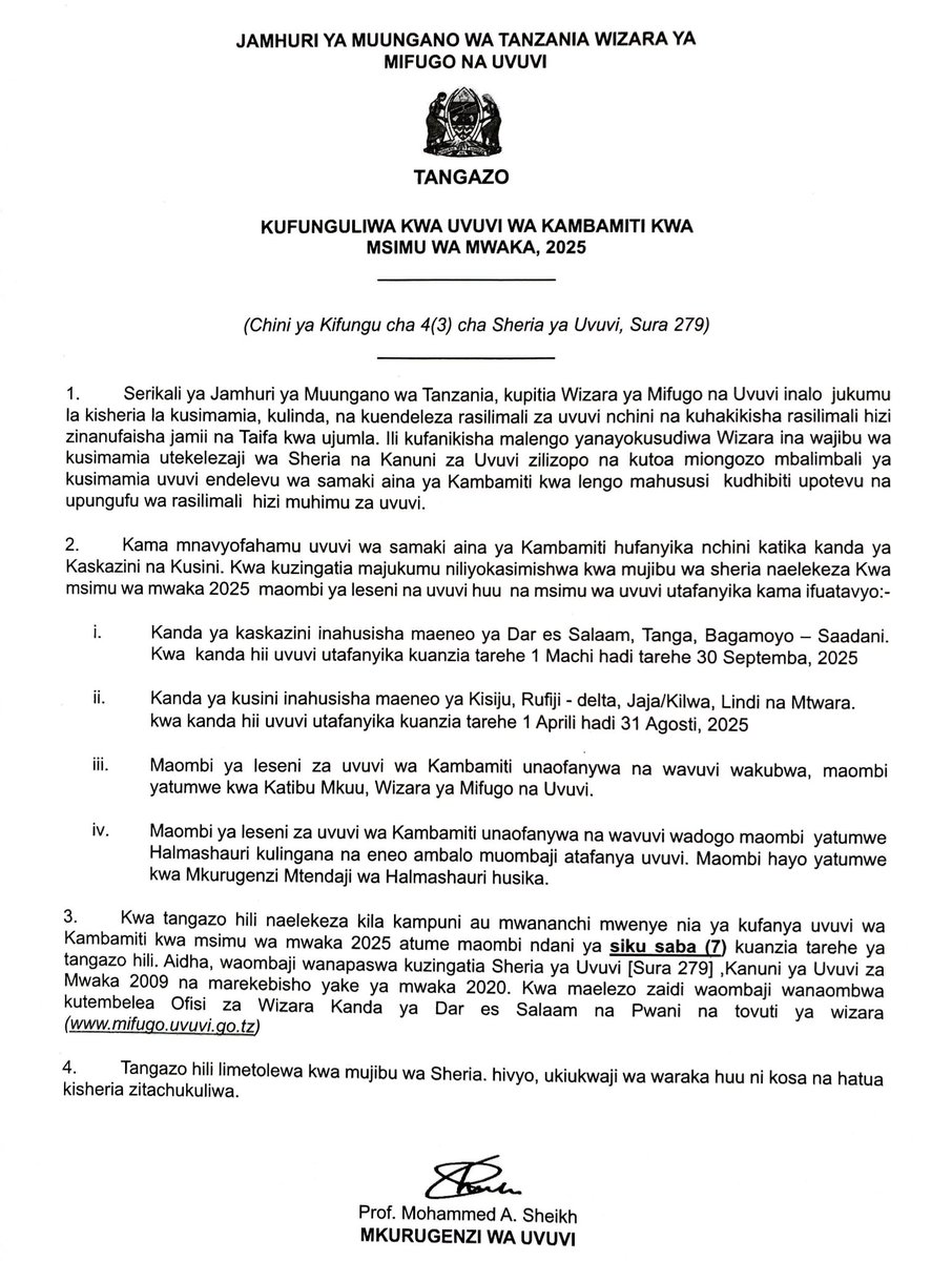 TANGAZO LA KUFUNGULIWA KWA UVUVI WA KAMBAMITI MSIMU WA MWAKA 2025.