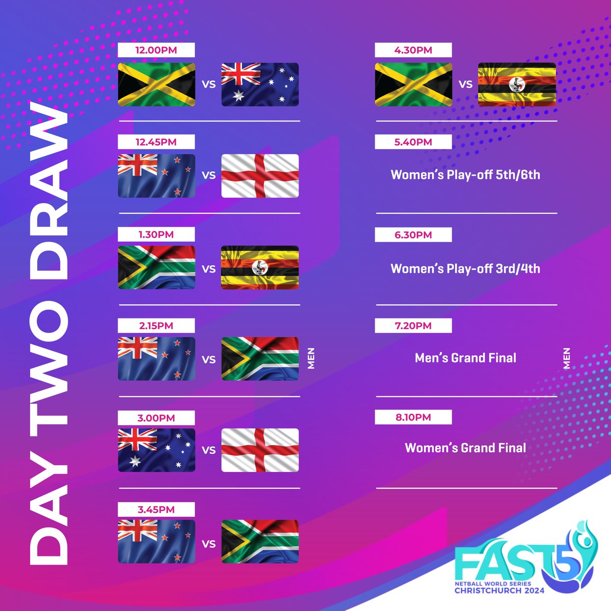 The countdown is on⏰

Who is ready for a weekend of fun, fast and fierce action at the #FAST5NWS?!💃🪩🕺

Here is all the information you need to make sure you don’t miss a beat wherever you are in the world this weekend👇

bit.ly/4fzbpkp

#NetballFamily |