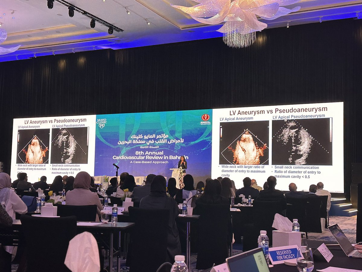kylalaraMD's tweet photo. @RMankadMD giving a comprehensive review on acute MI complications at the @MayoClinicCV #Bahrain CV Review with #echofirst https://t.co/BUF9jVzEMA
