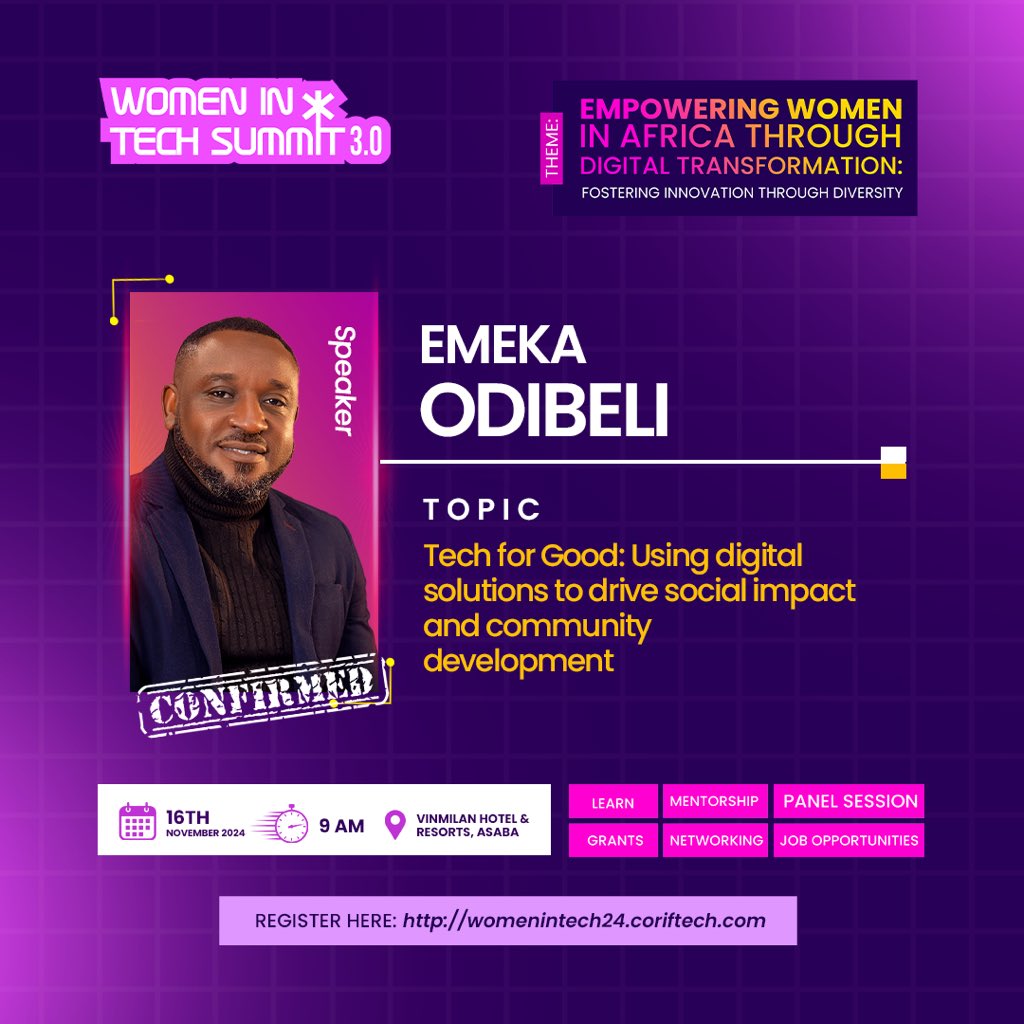 Coriftech_ltd's tweet photo. Excited to introduce @odibeli_world , one of our speakers at #WomenInTechSummit! 

He’ll be discussing “Tech for Good: Using Digital Solutions for Social Impact &amp; Community Development.” 

Join us in Asaba on Nov 16! Register here: https://t.co/AbgAlemdFW

#digitaltransformation https://t.co/ZeW5XdoEvt