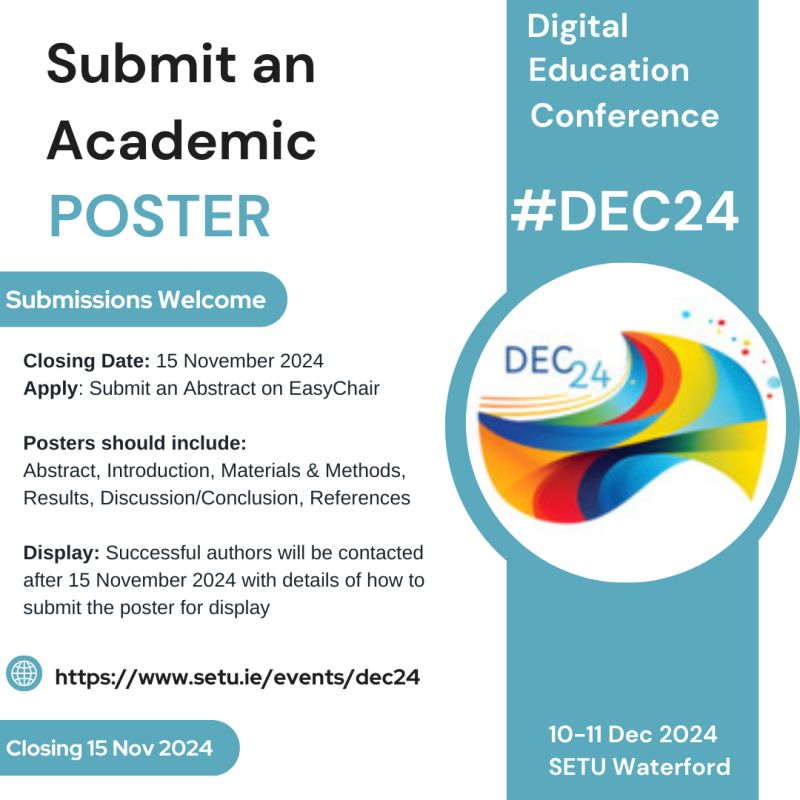 Digital Education Conference 2024 #DEC24 (@dec24conf) on Twitter photo 🔔Applications are open for Academic Posters at #DEC24! 🔔
Please share with Students and Researchers!
Submit a poster abstract on EasyChair at: 
easychair.org/cfp/DEC24
🗓️Deadline 15th November 2024. 🗓️ 🔔Applications are open for Academic Posters at #DEC24! 🔔
Please share with Students and Researchers!
Submit a poster abstract on EasyChair at: 
easychair.org/cfp/DEC24
🗓️Deadline 15th November 2024. 🗓️