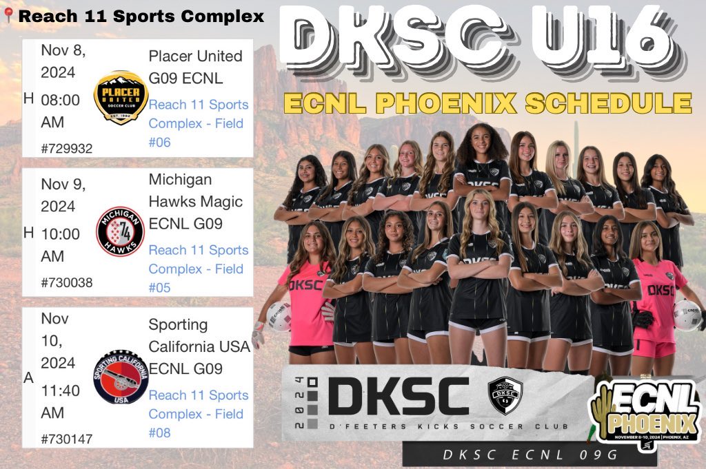 We are on our way ✈️ to the Phoenix ECNL showcase <a href="/ECNLgirls/">ECNL Girls</a> 
Coaches, check out our team brochure and schedule below!
<a href="/ECNLgirls/">ECNL Girls</a> @dksclub @ecnlgirlssports <a href="/prep_soccer/">prep school soccer</a> <a href="/prepsoccertx/">Prep Soccer Texas</a> <a href="/soccerwire/">soccerwire</a> <a href="/imyouthsoccer/">ECNL/GA/Recruiting/College Soccer</a> @dksc_ecnl_girls <a href="/JorgeHervert8/">Jorge Hervert</a> <a href="/mlbj1973/">Michael Bones</a> <a href="/DanielDobson24/">Daniel Dobson</a>