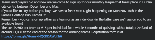 Calling all Dublin quizzers!

The 9th season of our annual Dublin Quiz League is now open for registration.

docs.google.com/forms/d/e/1FAI…