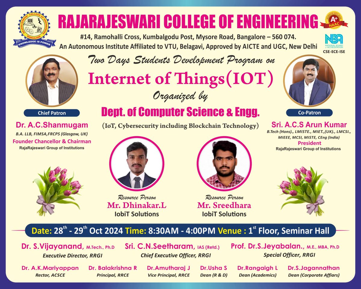 rrceblr's tweet photo. 🌐 Highlights from the #CSE - IoT #StudentDevelopmentProgram at #RRCE! The Dept. of CSE (IoT) hosted a 2-day event with experts Mr. Dhinakar L &amp; Mr. Sreedhara from IobiT Solutions. Students explored IoT fundamentals, real-world uses, &amp; future opportunities. Big thanks to all! https://t.co/bfvjjjUw4Q