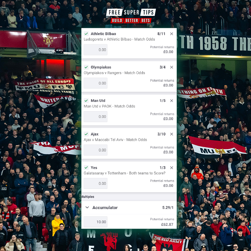 FootySuperTips's tweet photo. Athletic Bilbao to win ✅ 
Olympiakos to win ✅ 
Man United to win ✅ 
Ajax to win ✅
Galatasaray &amp; Tottenham BTTS ✅

Does this 5.29/1 Acca win tonight? https://t.co/9dfZ3JqYP5