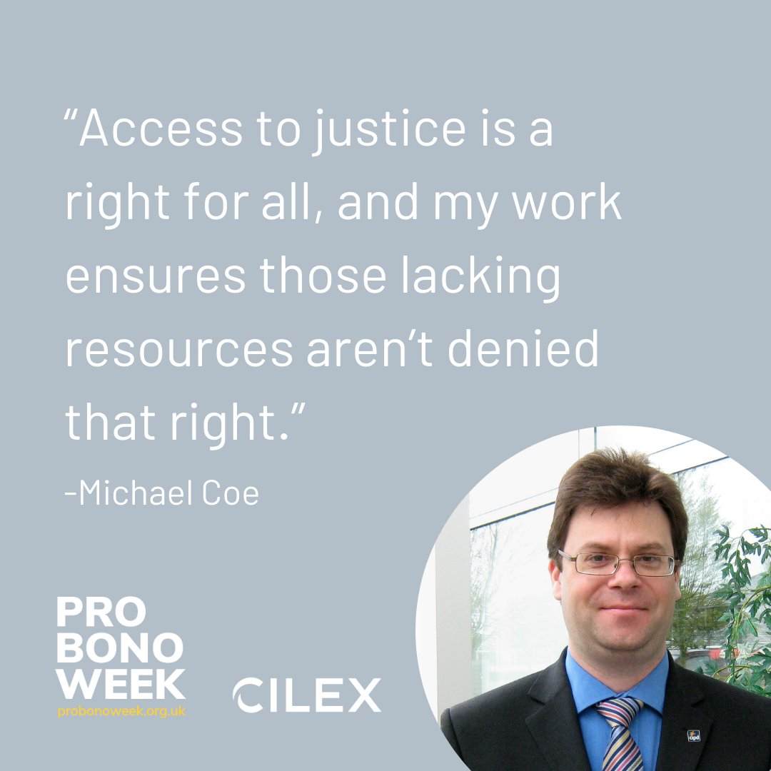 For #ProBonoWeek, we highlight CILEX Paralegal Michael Coe, who supports workers’ rights under the Employment Rights Act. "Access to justice is a right for all; my work ensures that right isn’t denied to those without resources." #WorkerRights #AccessToJustice #WeDoProBono