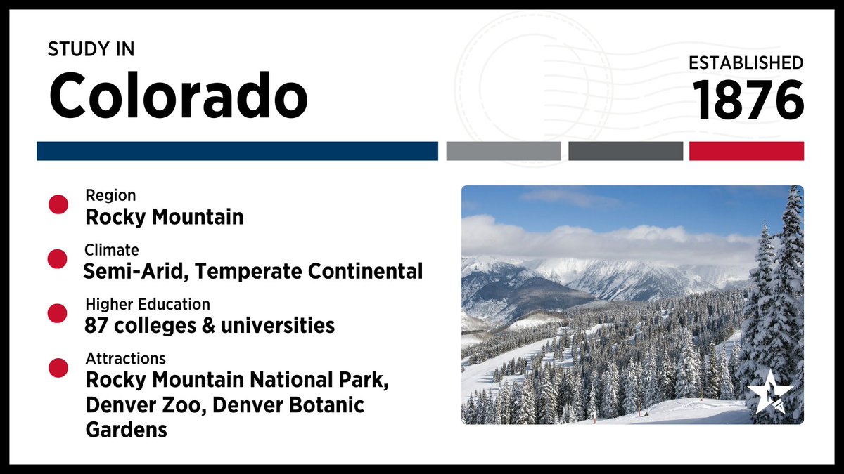 💡 Ever considered studying in Colorado?  It boasts <a href="/RockyNPS/">RockyNPS</a>, <a href="/DenverZoo/">Denver Zoo Conservation Alliance</a>, <a href="/denverbotanic/">Denver Botanic Gardens</a>, and 87 colleges and universities.

Experience the Centennial State, Colorado ➡️ studycolorado.org.  #StudyWithUS