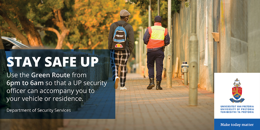 UPTuks's tweet image. EXAM-TIME SAFETY: Use the Green Route between 6pm-6am daily to be escorted by a security guard to and from residences or vehicles.

#UniversityOfPretoria #UPExams