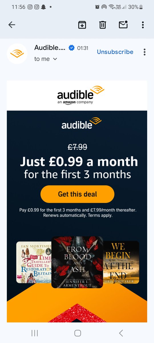willroolanitoo's tweet photo. @audibleuk  why do you repeatedly send this false advertisement by email and when we click though isn't avaialble to us! Even though you are sending directly to our email! But then only offer us 30 day free trial! https://t.co/45Q8ymue5w