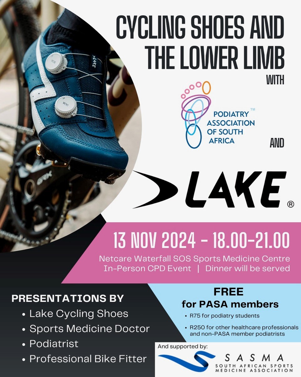Attention Podiatrists! Join us on 13 Nov at Netcare Waterfall SOS for an insightful Cycling Talk by the Podiatry Association of South Africa!

Register Here: bit.ly/3YCDXCT