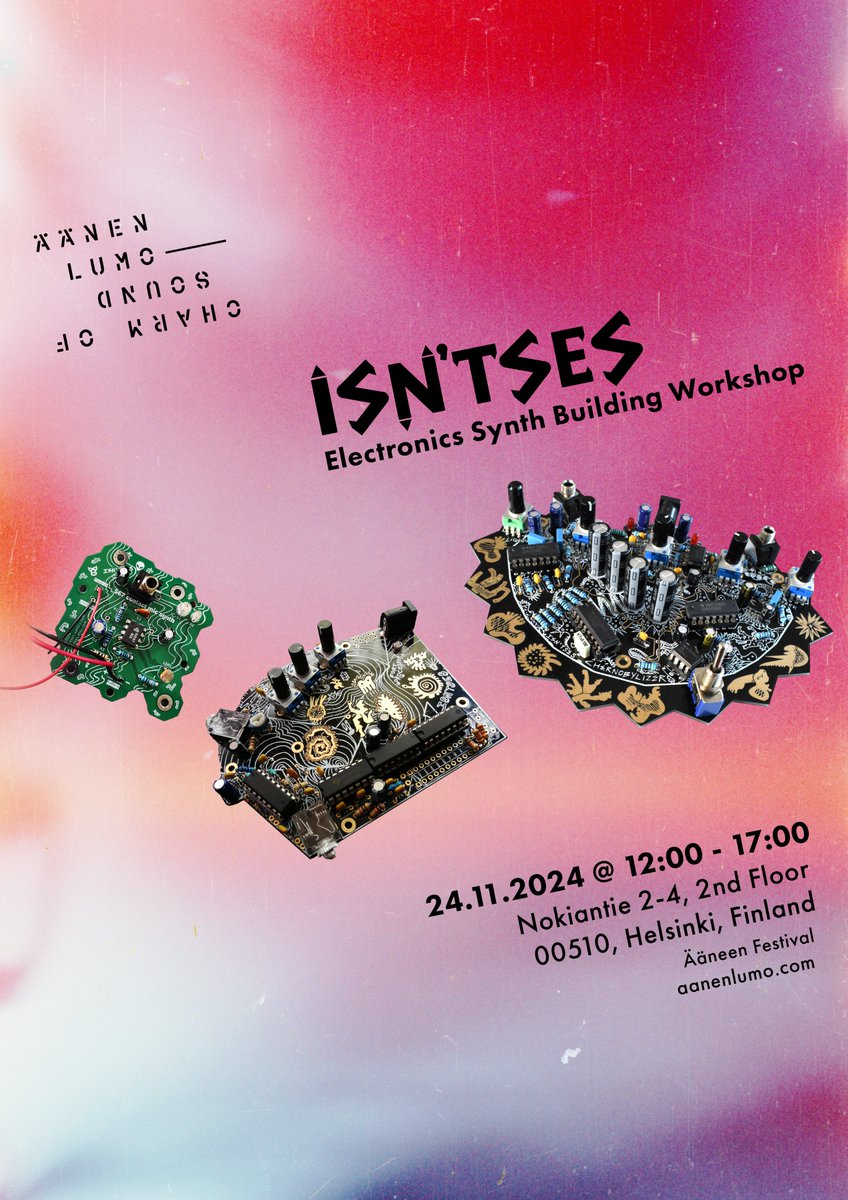 Lisa_McKendrick's tweet image. I will be in Helsinki on 22 Nov for a performance &amp;amp; we have a workshop on the 24 Nov. Part of Ääneen Festival.

aanenlumo.com/2024/10/24/24-…

22 Nov 
NNJA RIOT 
DISGUSTING CATHEDRAL 
aanenlumo.com/2024/10/24/22-…

#helsinki #helsinki2024 #electronicsworkshop #workshop #noisemusic #soundart