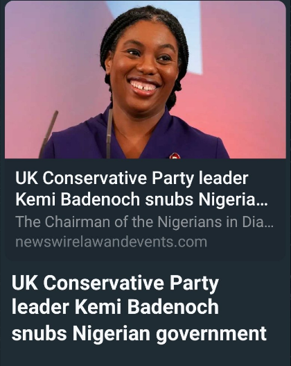 Tutsy22's tweet photo. Thank God she is NOT an Igbo woman... by now tribal war will be raging on Naija twitter! Even UNO will dispatch peace keeping force from Ghana to intervene to calm down all parties involved!😑

Headlines:  
"UK Conservative party leader from Ihiala LGA of Anambra state snubs government of her birth country".... 

"TORY Leadership: Ungrateful, Igbo woman snubs her birth country government. "....

Every kabiyesi influencers (active and retired) will post  thread of thread, even their bingos will not be left behind. Emergency Twitter spaces will create a meltdown of epic proportion!  😂😂😂