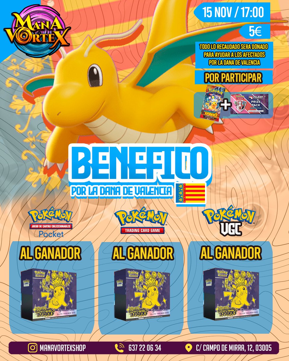 EVENTO BENEFICO - POKEMON CON VALENCIA ❤️

El próximo viernes 15 uniremos a toda la comunidad de Pokemon para una buena causa, ayudar a nuestros hermanos de Valencia.

Todo lo recaudado será destinado a la ayuda de los afectado por la DANA, anunciaremos el número jugadores que