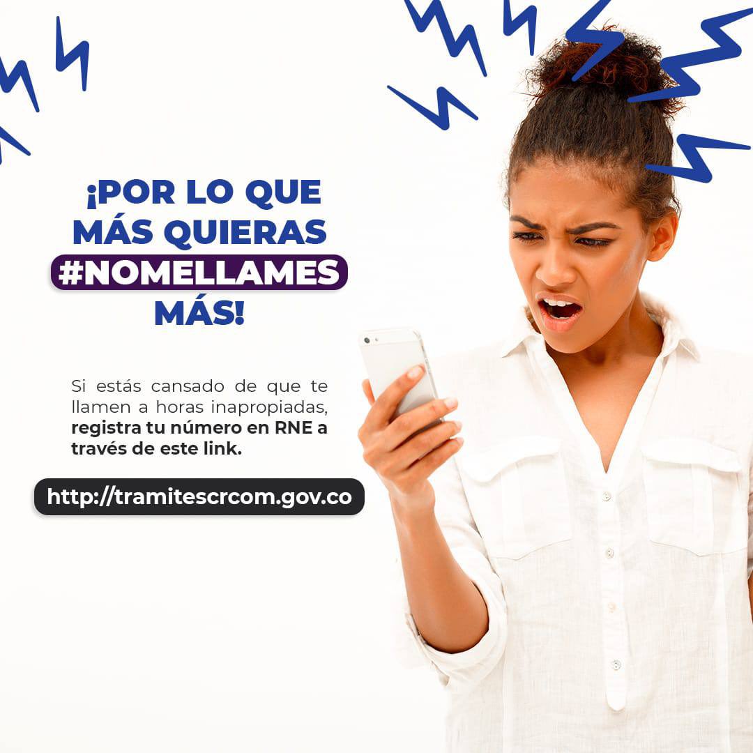 Si estás harto de que te llamen todo el tiempo a ofrecerte productos y servicios
esta info es para ti: Entra a tramitescrcom.gov.co e inscríbete en el
Registro de Números Excluidos, luego sólo te llamarán por cosas necesarias.
#NoMeLlames ojito!
