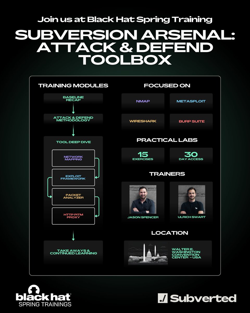 SubvertedSec's tweet image. Thrilled to announce our first @BlackHatEvents training!

Join our deep dive into Nmap, Wireshark, Metasploit &amp;amp; Burp Suite.

Everyone &apos;knows&apos; these tools, but few master them. We&apos;re changing that.

Enrol to build your arsenal: bit.ly/BHSPT25

#BlackHat #InfoSec #Training