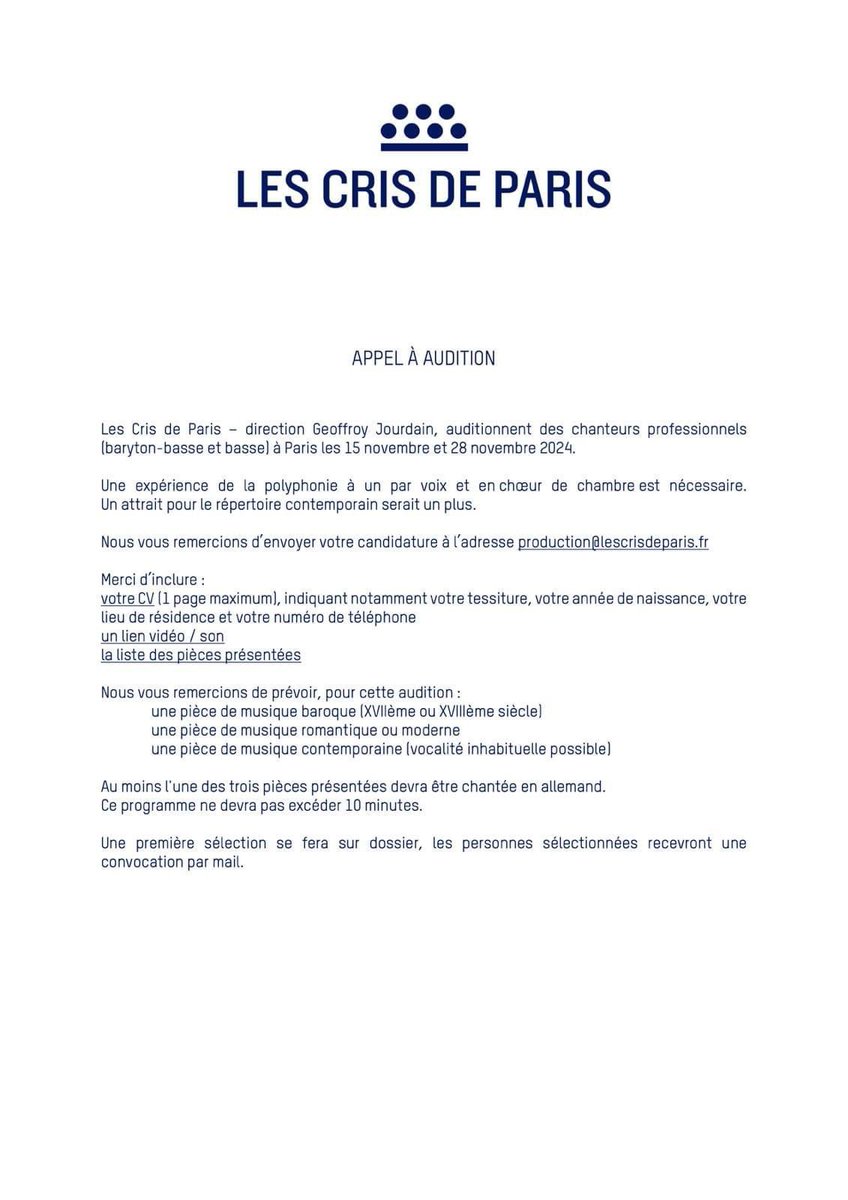 Auditions for bass and bass baritone in Paris. Please see photo.