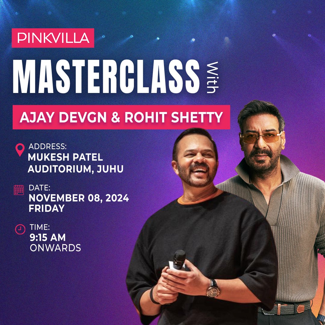 HimeshMankad's tweet photo. AJAY DEVGN, ROHIT SHETTY & SINGHAM FANS - HERE'S YOUR CHANCE TO WITNESS AN EXCLUSIVE MASTERCLASS IN MUMBAI!

See you tomorrow @ 9.15 AM at Mukesh Patel Auditorium, Juhu, as we sit down to discuss #SinghamAgain and a lot more. 

Super excited, as this would be my first ever #PinkvillaMasterclass with #AjayDevgn. Manifested this for the longest time, and it's now happening. See you there. Interested people, please drop in your names with the number of passes :)) 

Also, ones from outside the city - do suggest questions, will try to get a response to most of them!
