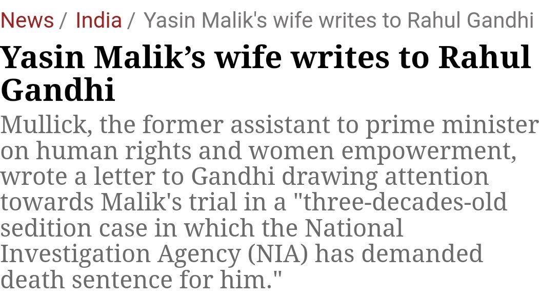 Shehzad_Ind's tweet photo. Wife of a terrorist 
Yasin Malik writes to LoP Rahul Gandhi

He remains silent

Terrorists know they have a BFF best friend forever in Congress

Congress supported Afzal, Yakub, Did not denounce SFJ support &amp; even made Yasin a special guest at PM House https://t.co/kM2NpZi9L6