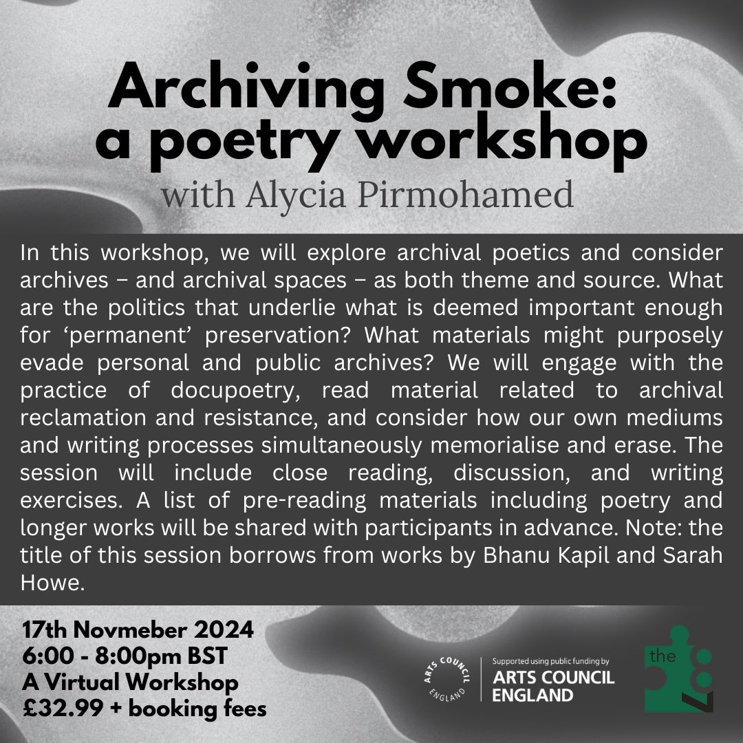 Alycia Pirmohamed (@a_pirmohamed) on Twitter photo This November I’ll be facilitating this workshop, Archiving Smoke, with the brilliant <a href="/the87press/">the87press</a>. We’ll read, discuss, and explore different poems, and think about archives and archival spaces together 🖤 This November I’ll be facilitating this workshop, Archiving Smoke, with the brilliant <a href="/the87press/">the87press</a>. We’ll read, discuss, and explore different poems, and think about archives and archival spaces together 🖤