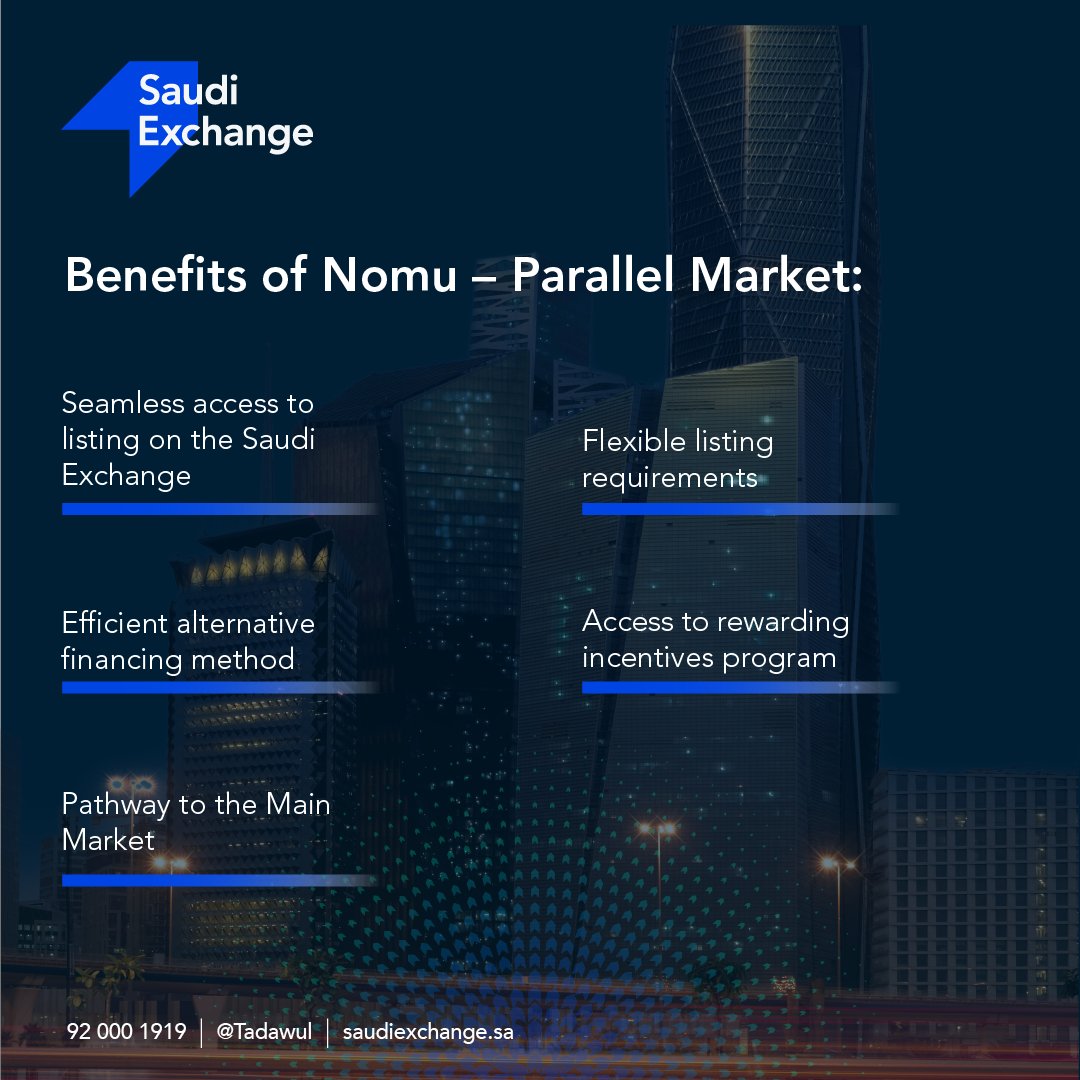 tadawul's tweet photo. Nomu – Parallel Market is a powerful platform for businesses to succeed, offering flexible listing requirements and providing companies with the capital they need to grow.
 
 To learn more about listing on Nomu – Parallel Market, click here: https://t.co/ruKCLdbL6p
 
 #Nomu100 https://t.co/Z3K2lBBQgw