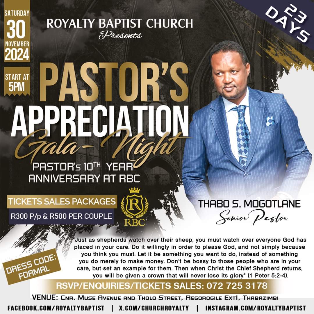 THABOMLIVE's tweet image. 1 Peter 5:2-4
Tickets: R300 Per Person and R500 Per Couple (no tickets will be sold on the day of the event)
RSVPs/Tickets Sales: 072 725 3178
Email: office@rbchurch.org.za
!!! Limited Seating !!!
#PastorsAppreciation