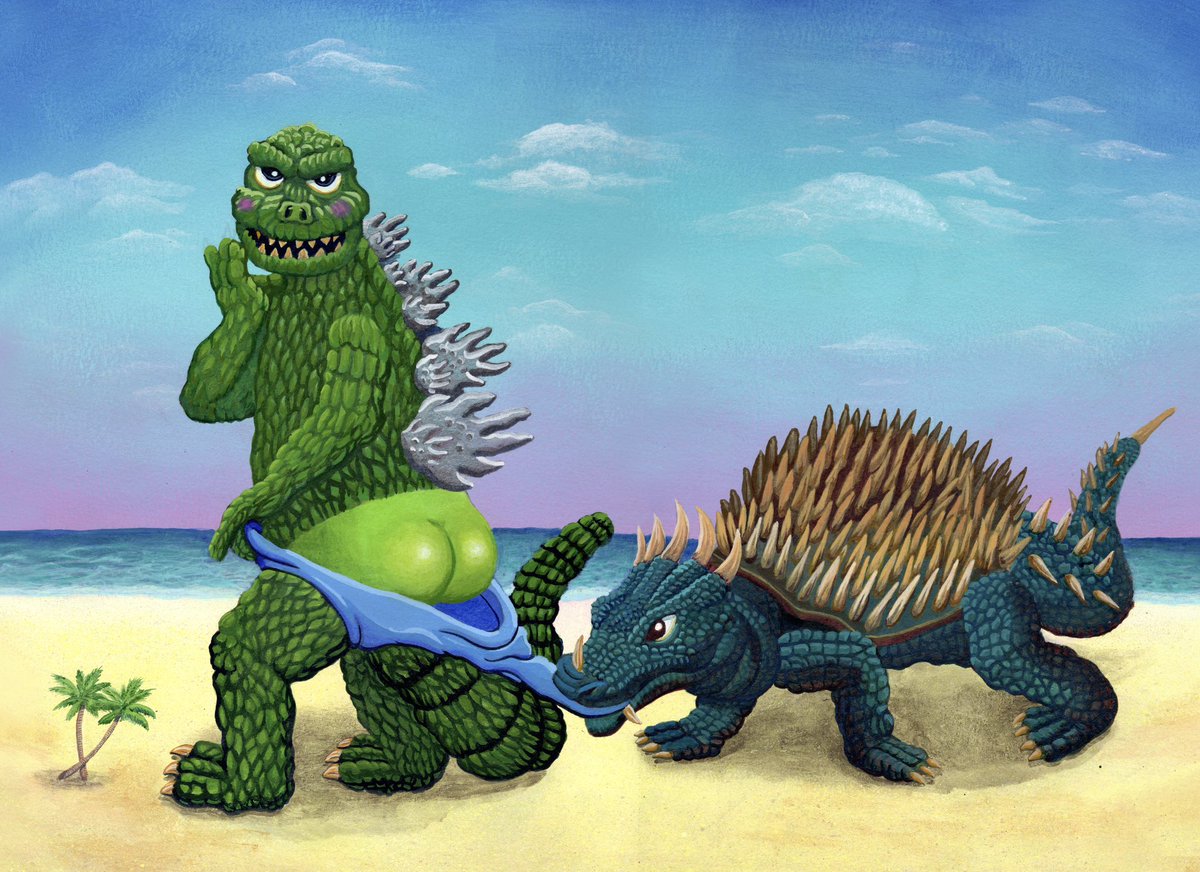 ANTAstuff's tweet image. Heard it was Godzilla’s bday recently. Here’s a painting of Anguirus and Godzilla having fun at the beach.