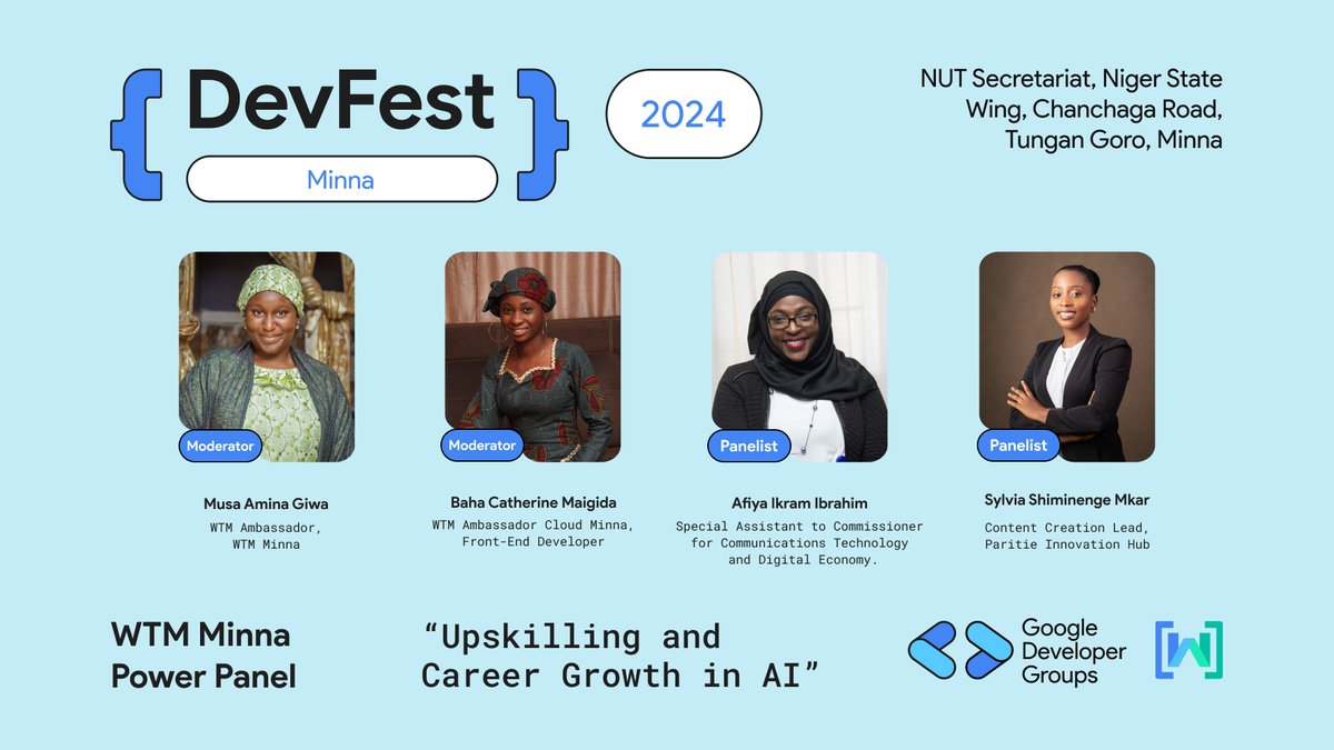 Join this Power Panel of trailblazing women disrupting "Upskilling and Career Growth in AI" at #DevFestMinna24! 💥 

Get inspired with insights and strategies to elevate your AI career.

Register now: bit.ly/devfest-minna24

#DevfestMinna #DevfestMinna24 #GDGMinna