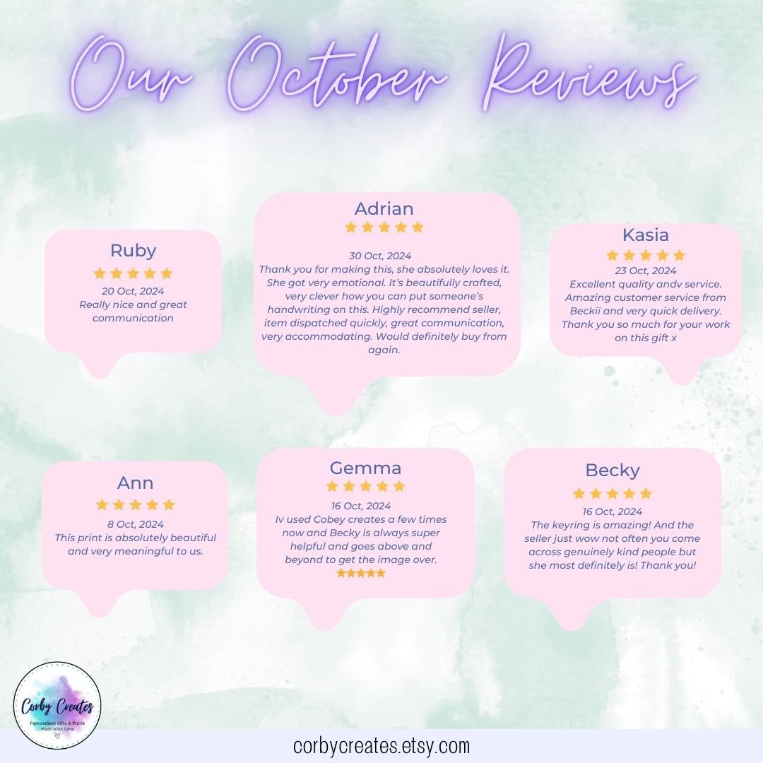As we start ramping up for Xmas the orders are starting to take off🚀

Don’t just take our word for it, have a look at our customers below as we come close to 1000 sales on Etsy alone🤩

Have a look at our link below for the perfect personalised gift 🎁 

etsy.com/uk/shop/CorbyC…