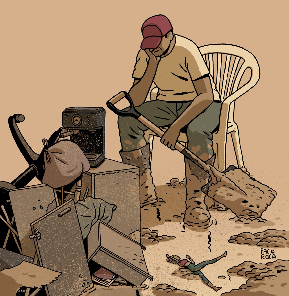 Estos son dos dibujos sobre la dana que he hecho para la RAI. 
Este primero sobre la importancia y la frustración de tantos amigos que lo han perdido todo...