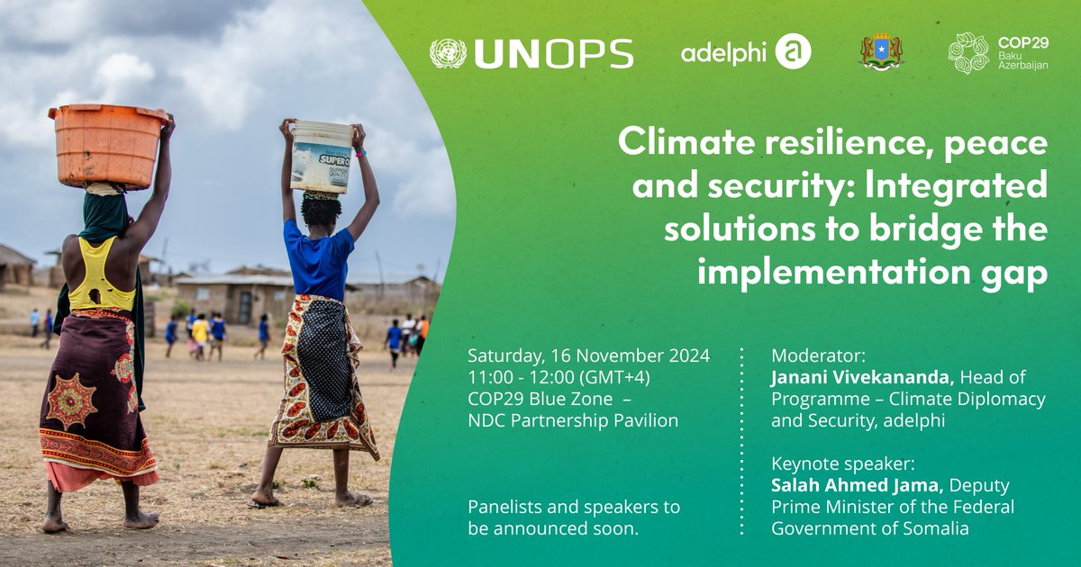 What are the critical links between climate resilience &amp; peace?

At #COP29, we'll be joined by a panel of experts to explore integrated approaches to climate, conflict &amp; fragility.

Co-hosted by UNOPS, <a href="/Somalia/">Federal Republic of Somalia🇸🇴</a> &amp; <a href="/adelphi_berlin/">adelphi 🌐</a>.

More 👉 unops.org/cop29