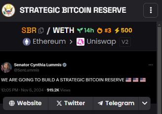 cryptomasterdai's tweet photo. ๐จ BUY SIGNAL ALERT ๐จ
Ticker: $SBR
Project: Strategic Bitcoin Reserve
Market Cap: $99K
๐ฐ Insight: Senator Cynthia Lummis has announced plans to establish a Strategic Bitcoin Reserve...
๐ Contract Address: 0xd6203889C22D9fe5e938a9200f50FDFFE9dD8e02
#Ethereum #Crypto https://t.co/zLB8djmK2q