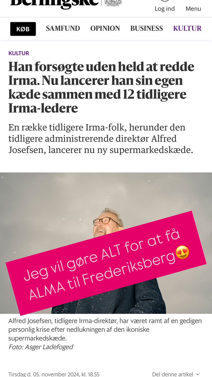 Midt i alt den politiske misere er det opmuntrende at høre om det nye IRMA - jeg vil foreslå <a href="/MVindfeldt/">Michael Vindfeldt</a> at vi holder et møde med Josefsen om at få ALMA til #frederiksberg #dkbiz