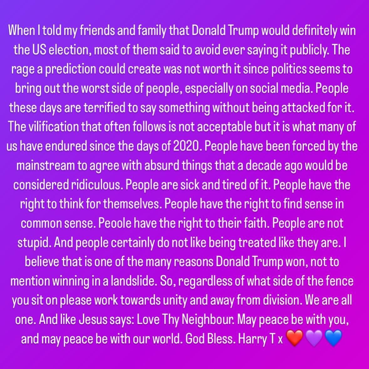 Just as Jesus says in the Bible: Love Thy Neighbour. Sending oceans of love to all, whether you are on the side of red, purple or blue. We are all one. May peace be with you, and may peace be with our world. God Bless. Harry T x ❤️💜💙
