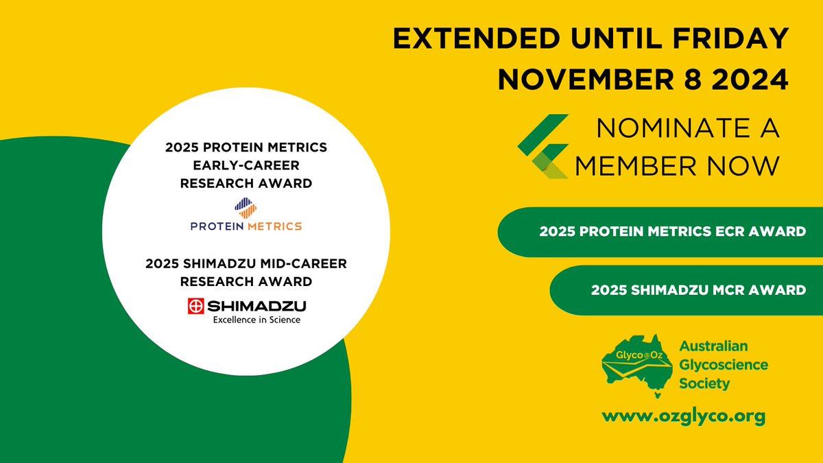 ozglyco's tweet image. Final Call for our 2025 round of ECR and MCR awards! If you know an AGS member who deserves to be recognised, please nominate them below!
ozglyco.org/society-awards/